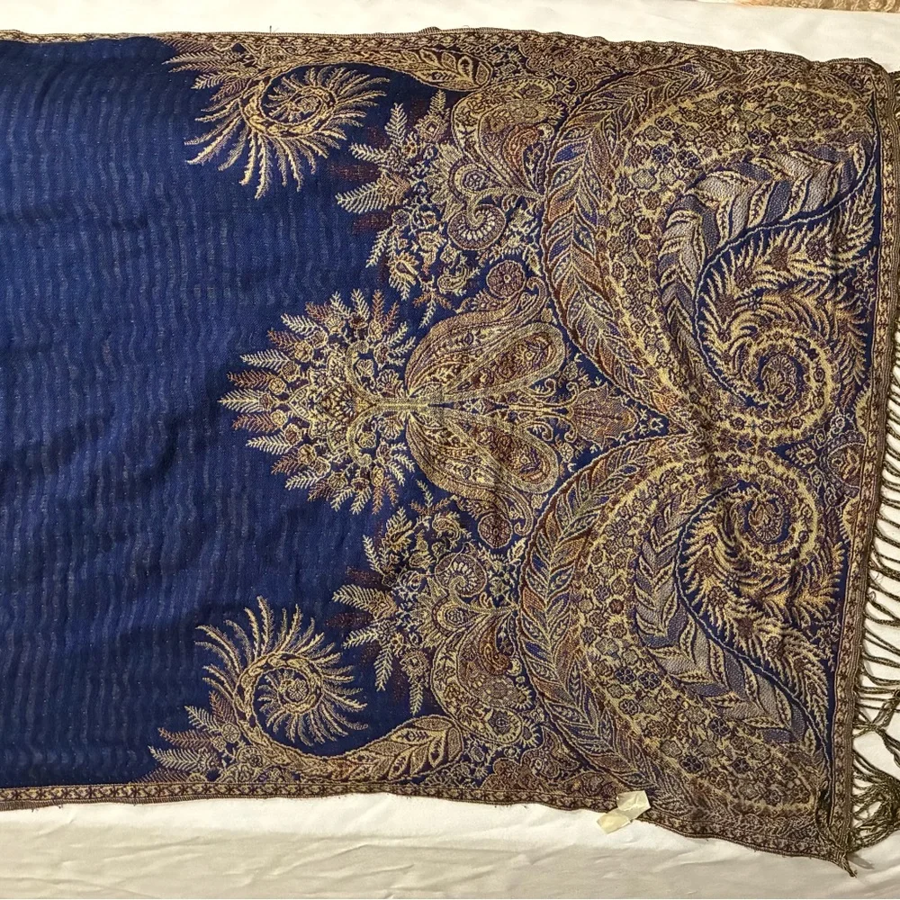 Blue and Gold Paisley Shawl Reversible With About 12” Sewn Down Side For Options